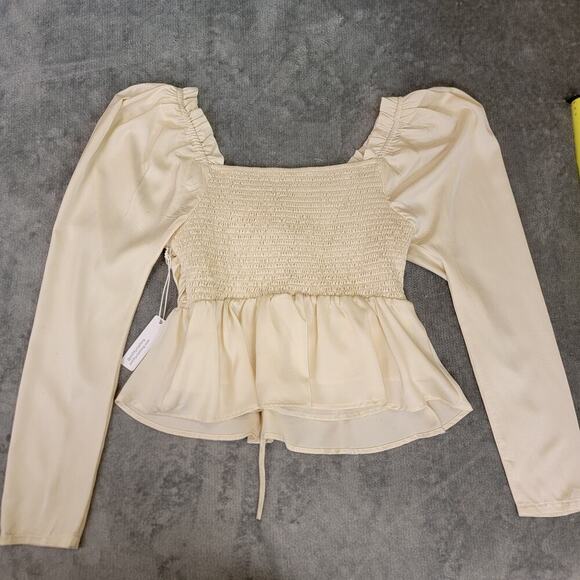 Six/Fifty Blouse Large Satin Peplum Puff Sleeve Coquette - Picture 2 of 7